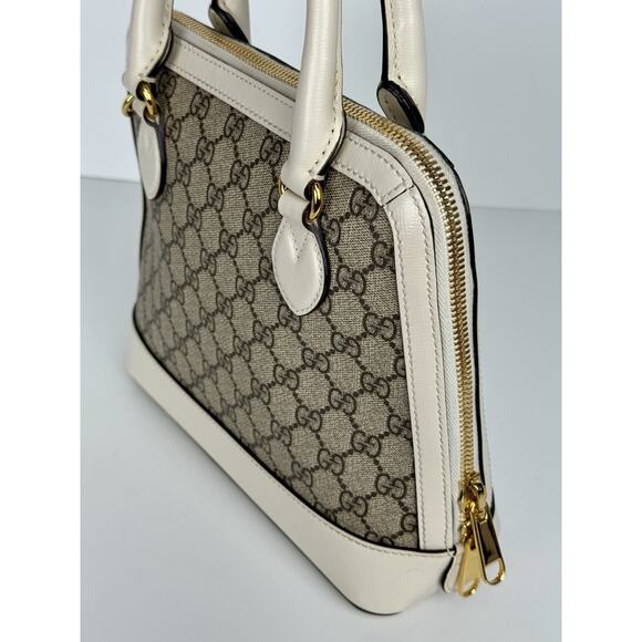 Gucci Horsebit 1955 Top Handle Bag in GG Canvas with White Leather Trim D-9 - Picture 10 of 16